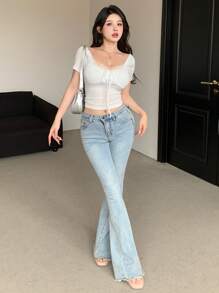 Dazy Designer 女士純色繩編花邊&面料拼接修身t恤,具有設計感 - 白色 - 查看 7