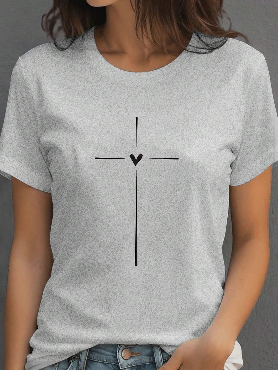 SHEIN LUNE Của phụ nữ Mùa hè giản dị Ngắn tay Áo thun Với In Trái tim Và Tròn Đường viền cổ áo - Xám - Xem 1