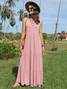 SHEIN LUNE Robe D'été De Vacances Sans Manches En Couleur Unie Pour Femmes Avec Ourlet À Volants