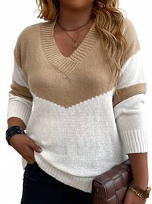 SHEIN LUNE Suéter de mujer talla grande con bloque de color y cuello en V, de manga larga, adecuado para primavera y otoño, suéter de punto para otoño e invierno - Caqui - Ver 5