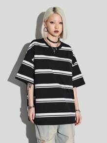 Coolane Street Fashion Oversize Black And White Striped Color Block Casual Loose Short Sleeve T-Shirt - Black and White - View 5
