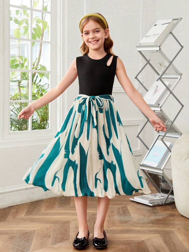 Tween Girls' Stylish Knit Splice & Printed Sleeveless Dress With Round Neckline For Sports