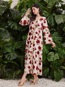 Al Najma Quý cô In Hoa hồng Vá lại Ruy băng Tay áo kèn  Jalabiya Đầm - Màu be - Xem 7