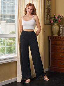 Sarah Dakkak Designer Women Solid Color Lace Straight-Leg Pants For Vacation, For Summer, Holiday, Valentine's Day, Festival - Black - View 1