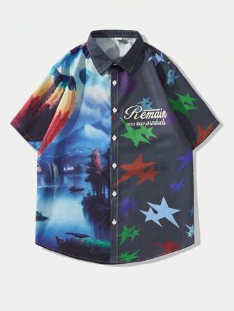 Street Life Chemise de plage à manches courtes pour homme imprimée en patchwork, convient pour un port quotidien au printemps et en été
