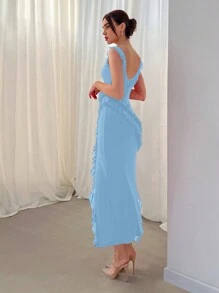Aloruh Women's Summer Dress With Asymmetrical Hem, Open Cut On The Left Side, Frill Decoration For Romantic Occasions - Blue - View 2