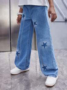 SHEIN Tween Boy Water-Washed Casual Fashionable Star Pattern Denim Pants - Blue - View 3
