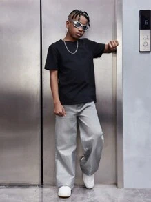 SHEIN Tween Boy Cool Metal Texture Gradient Insert Pocket Jeans - Grey - View 5