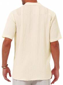Men's Casual Short Sleeve Buttoned Cuban Collar Vacation Shirt, Texture Summer Beach Shirt - Beige - View 3
