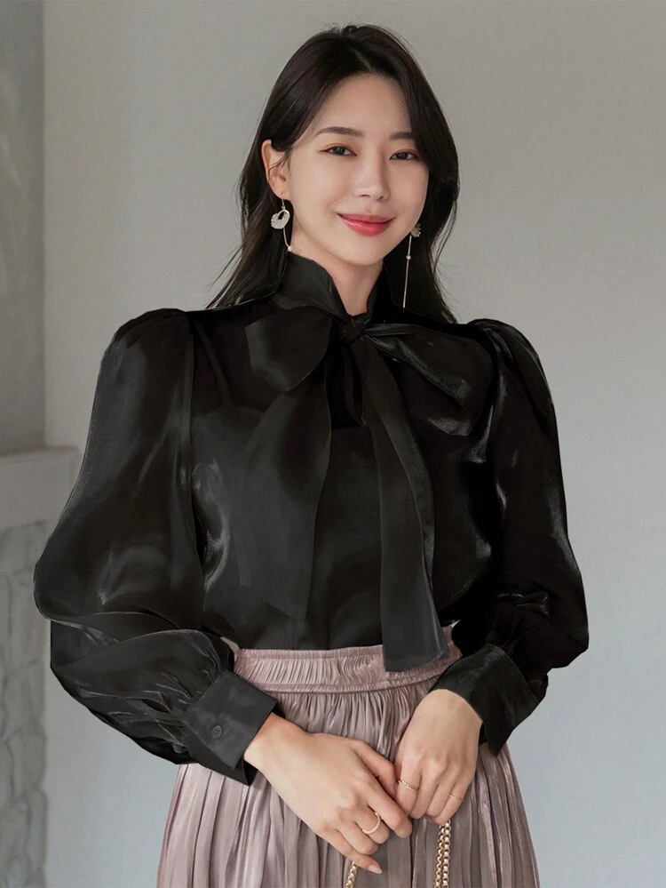 Women's Casual Business Solid Color Flared Collar Blouse,Fall Clothes Long Sleeve Top