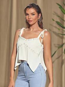 KES Designer Women's Summer Plant Embroidery, Asymmetric Hem, Tie Back Cami Top, Holiday, Vacation