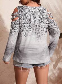 SHEIN LUNE Áo thun nữ họa tiết hoa cỡ lớn - Xám - Xem 2