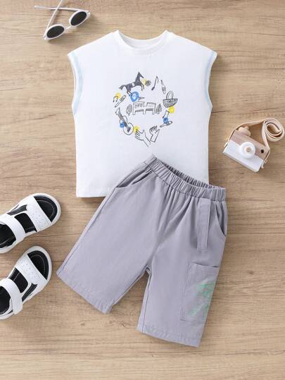 年輕男孩圖形印花無袖圓領上衣和純色短褲2件套裝，適用於夏季