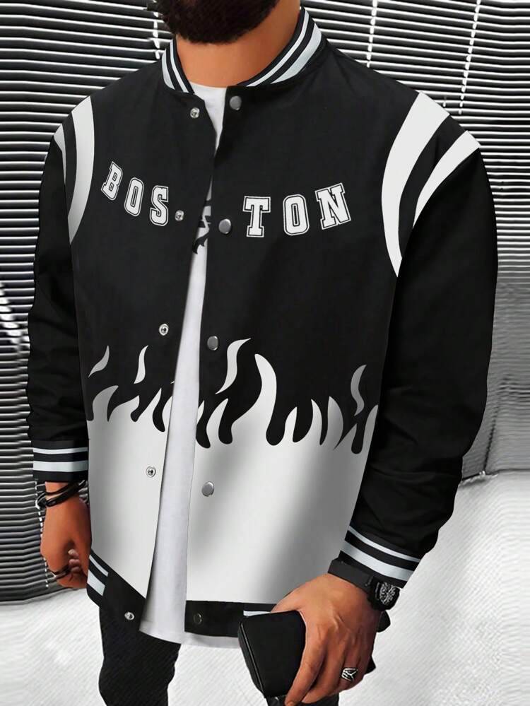 Men's Letter & Flame Printed Baseball Jacket