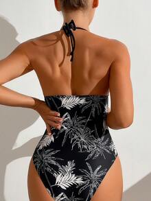 Swim Vcay Của phụ nữ bản in cây cọ Halter Neck Áo tắm một mảnh Với Kỳ nghỉ Phong cách - Nhiều màu - Xem 2