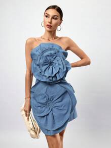 SHEIN Privé Vestido De Mujer De Mezclilla Con Flores 3d - Azul - Ver 1