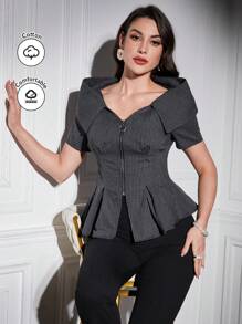 Modelyn Conjunto de 2 piezas con blusa con cremallera y rayas, bajo plisado y pantalones acampanados con aberturas - Negro - Ver 5