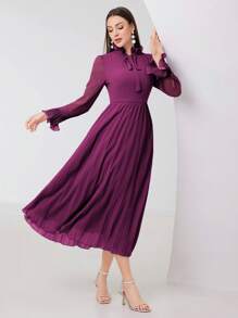 Modelyn Của phụ nữ Mùa xuân/Mùa hè Thanh lịch Dài Đầm Với thắt lưng , Tay áo dài Và Xếp li - Màu đỏ tím - Xem 4