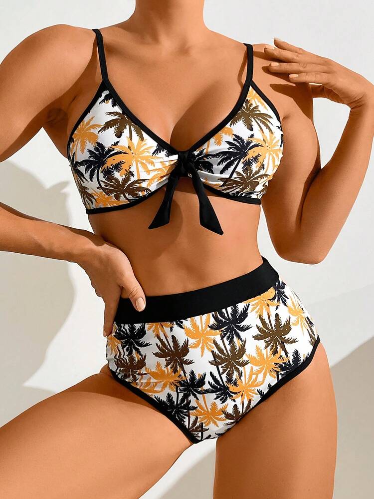 Women's Split Bikini Set With Coconut Tree Print Color Block Edging Bralette And Swim Shorts Summer