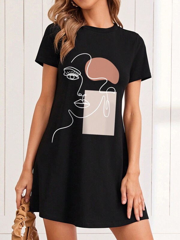 SHEIN Essnce Women Abstract Portrait Graphic Round Neck Short Sleeve Fitted Mini Dress, Summer
