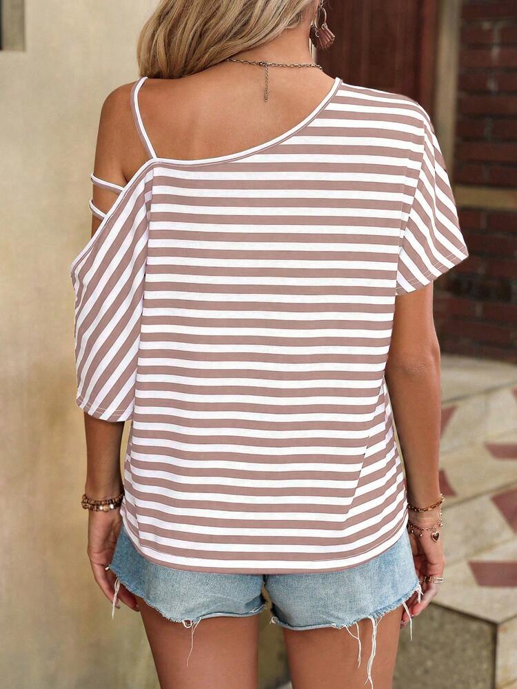 Striped And Anchor Printed Asymmetrical Shoulder Batwing Sleeve T-Shirt