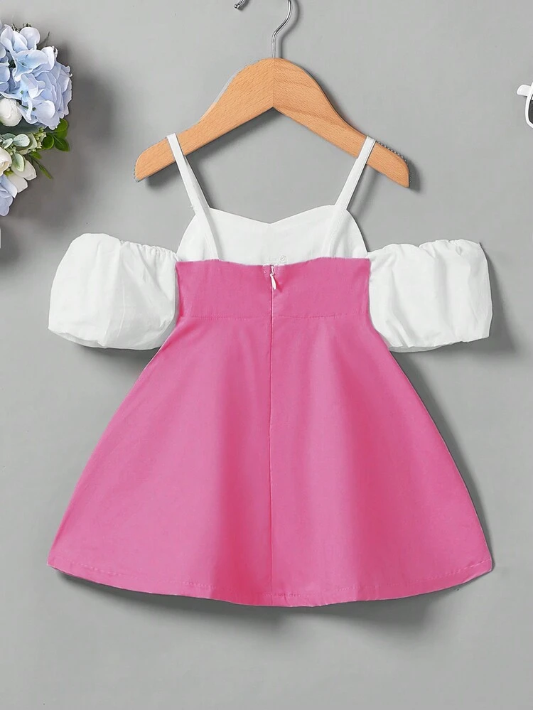 Baby Girl Elegant Vintage Simple Spaghetti Strap A-Line Dress With 3d Bowknot Design, Suitable For Party And Outdoor Activities In Spring And Summer