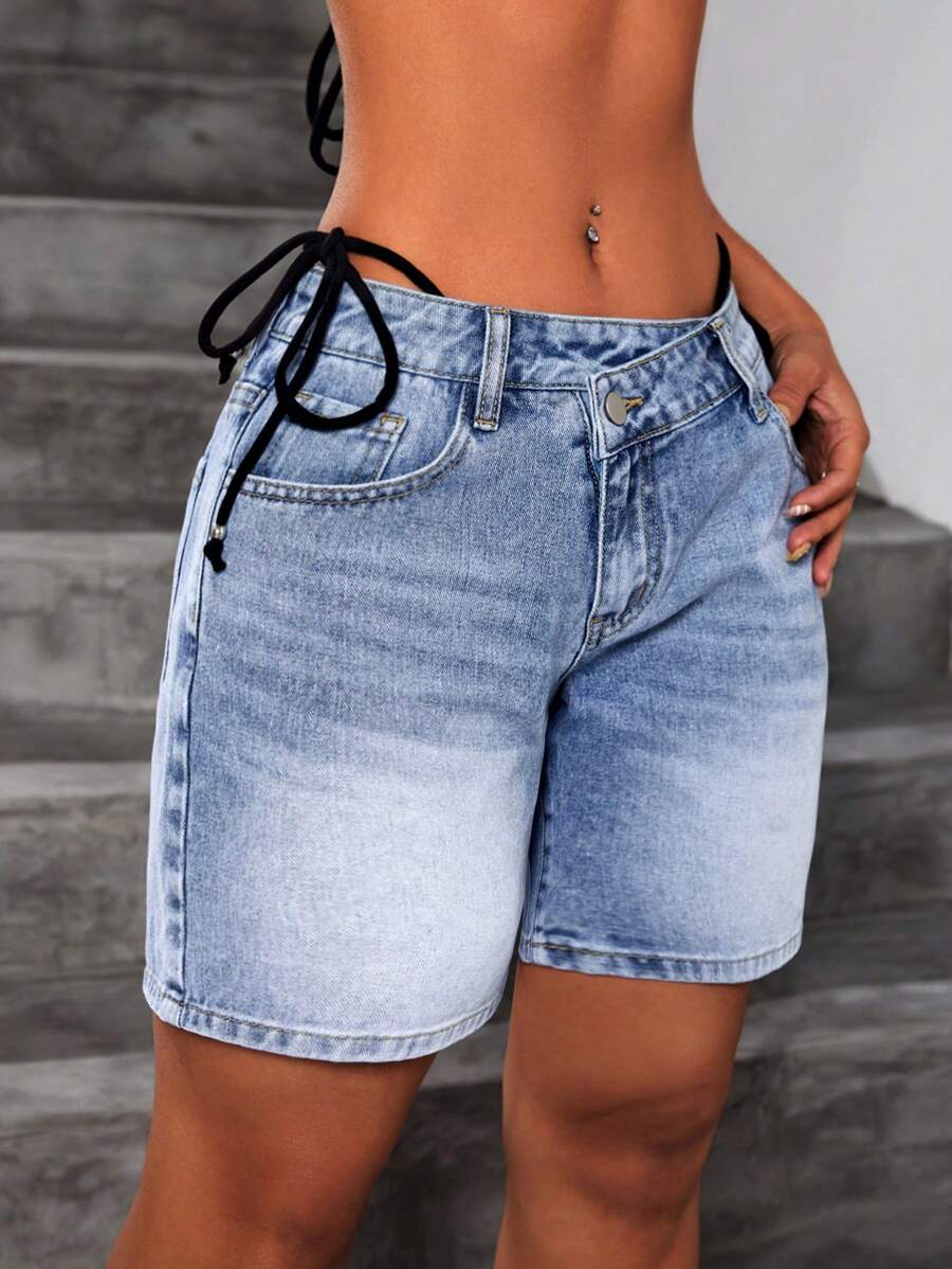 SHEIN ICON 女士夏季休閒洗水牛仔短褲,帶斜口袋 - 藍色 - 查看 1