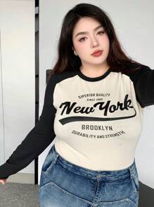 Dazy Plus Plus Size Color Block Alphabet Print Raglan Long Sleeve T-Shirt, SUPERIOR QUALITY SINCE 1989 New York BROOKLYN DURABILITY AND STRENGTH Slogan,Fall Clothes Graphic Tee - Apricot - View 6