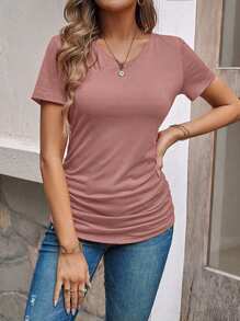SHEIN LUNE Áo thun nữ tay ngắn cổ chữ V màu trơn mùa hè - Bụi hồng - Xem 6