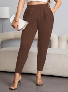 SHEIN Privé Của phụ nữ Màu thuần Đơn giản Kích thước lớn Quần - màu nâu - Xem 4