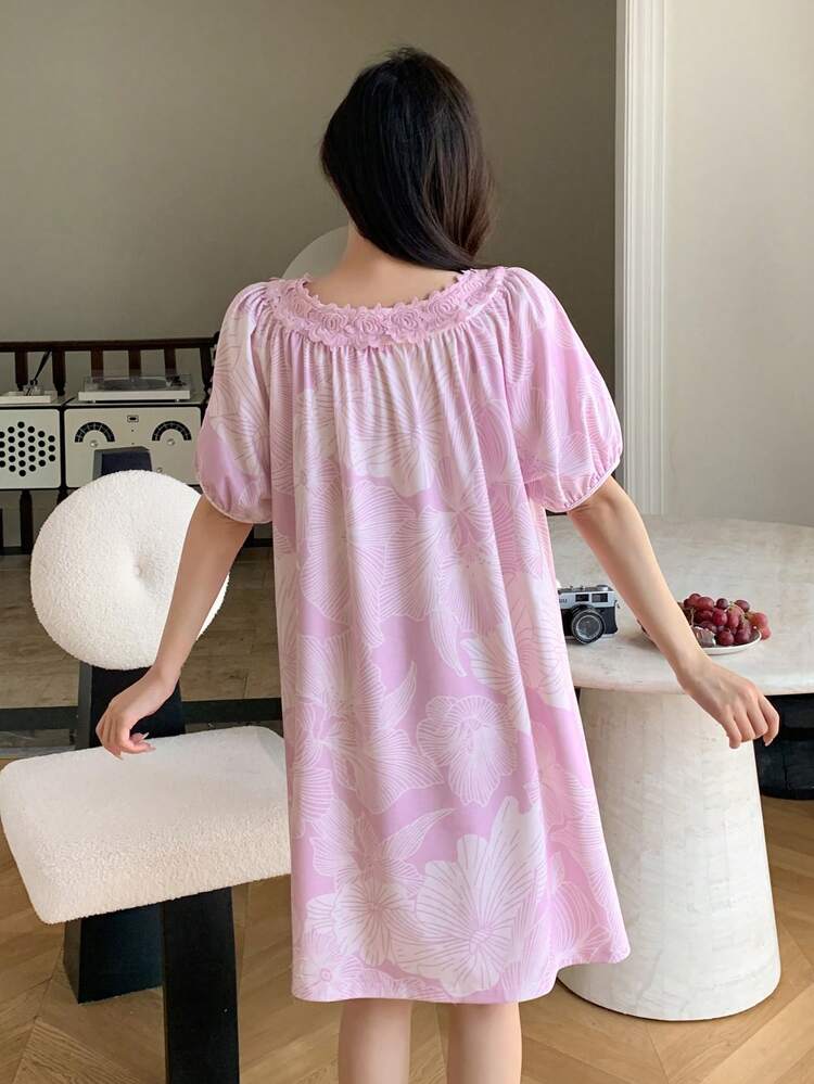 Printed Lace Trimmed Puff Sleeve Nightgown Pajama