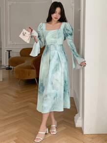 DAZY Ink Wash Ruched Waist Puff Sleeve Dress,Ruffle,Fall Dress Long Sleeve Dress