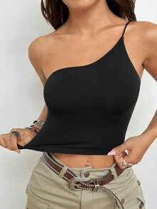 SHEIN EZwear Top corto de un hombro de punto negro - Negro - Ver 4