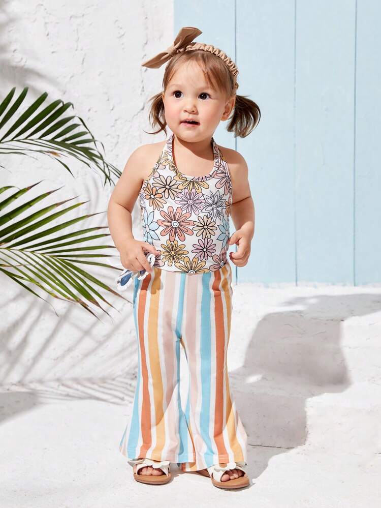 Baby Girl Summer Vacation Floral Print Halter Top With Striped Flared Pants And Headband Set