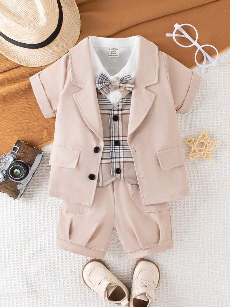 3pcs/Set Baby Boys' Gentleman Elegant Shirt, Shorts And Short Sleeve Suit Jacket For Summer