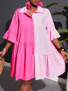 Slaydiva 女士加大碼雙色波浪邊蓬蓬袖荷葉邊散植裙 - 彩色 - 查看 5