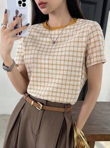 DAZY Women's Fashion Plaid Short Sleeve T-Shirt - Mustard Yellow - View 6