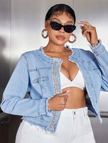 SHEIN SXY 大尺碼純色牛仔夾克,前扣閉合和圓領設計 - 淺色水洗藍 - 查看 6