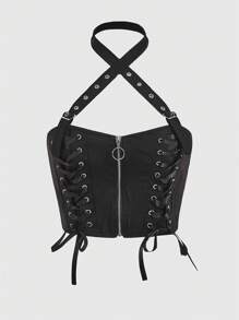 ROMWE Goth Metallic Grommet Bandage Zipper Crop Cami Top - Black - View 1