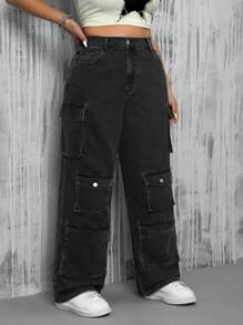 SHEIN EZwear 大碼翻蓋口口袋休閒工作直筒牛仔褲 - 黑色 - 查看 6