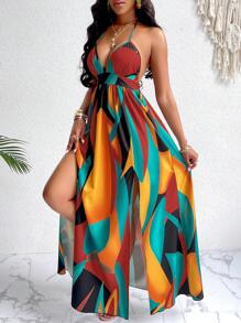 BamGleam Graphic Print Backless Summer Cami Floral Beach Dress For Women (Random Print) For New Year Clothes Maxi Women Outfit - Red - View 5