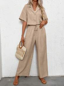 SHEIN LUNE 女士假日亚麻短袖衬衫和裤子套装休闲女士休闲纽扣结短袖宽松卡其色落肩衬衫裤子女两件套春夏休闲日常装 - 卡其色 - 查看 5