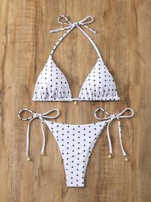 SHEIN Swim 夏季海滩女士圆点吊带比基尼套装 - 黑與白 - 查看 3