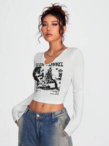 SHEIN Coolane Lettering And Architectural Print Notch Collar Cropped Slim Fit T-Shirt