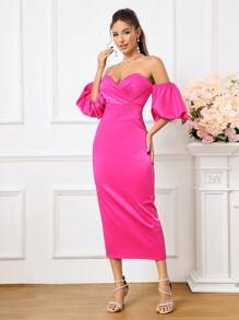 SHEIN Belle Off-The-Shoulder Bubble Sleeve Pleated Dress - Hot Pink - View 4