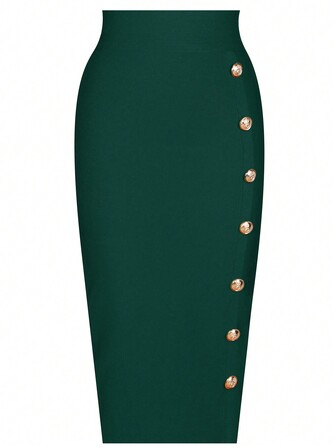 Girsdy Olivgrön elegant affärsmässig casual enkelknäppt enfärgad smal pennkjol med hög midja och elastisk elastik, åtsittande bandage, passar för pendling/vardag