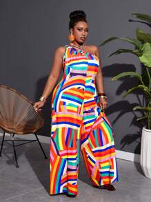 Slaydiva Bộ đồ liền thân ống rộng in họa tiết nhiều màu sắc cho kỳ nghỉ cỡ lớn dành cho nữ, không có vải dệt co giãn, trơn, hở vai, cầu vồng tháng tự hào, - Nhiều màu - Xem 3