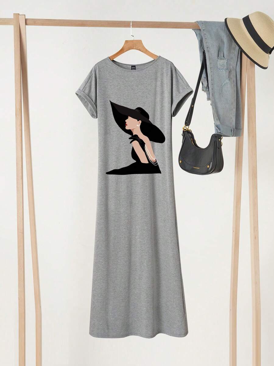 SHEIN Essnce 女性休閒簡約時尚寬鬆短袖長裙 - 灰色 - 查看 1