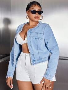 SHEIN SXY 大尺碼純色牛仔夾克,前扣閉合和圓領設計 - 淺色水洗藍 - 查看 3