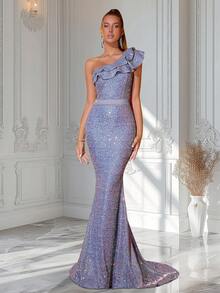 ADYCE Women's One-Shoulder Ruffle Sequin Solid Party Dress - Grey - View 6